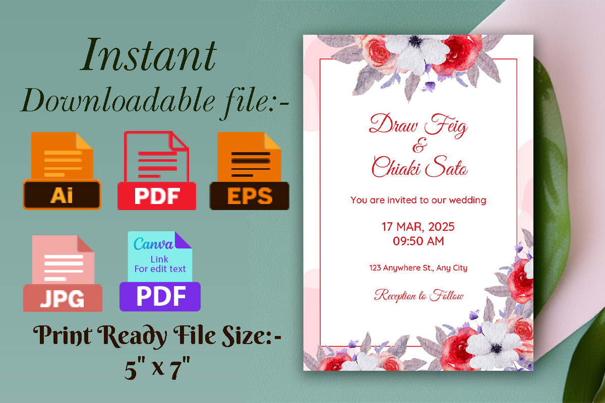 Image with colorful wedding invitation in pink colors and flowers.