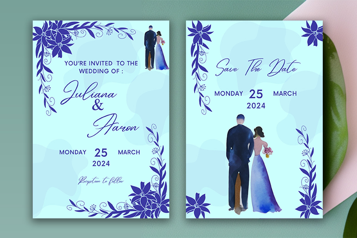 Image with elegant wedding invitation card with flowers in navy blue colors.
