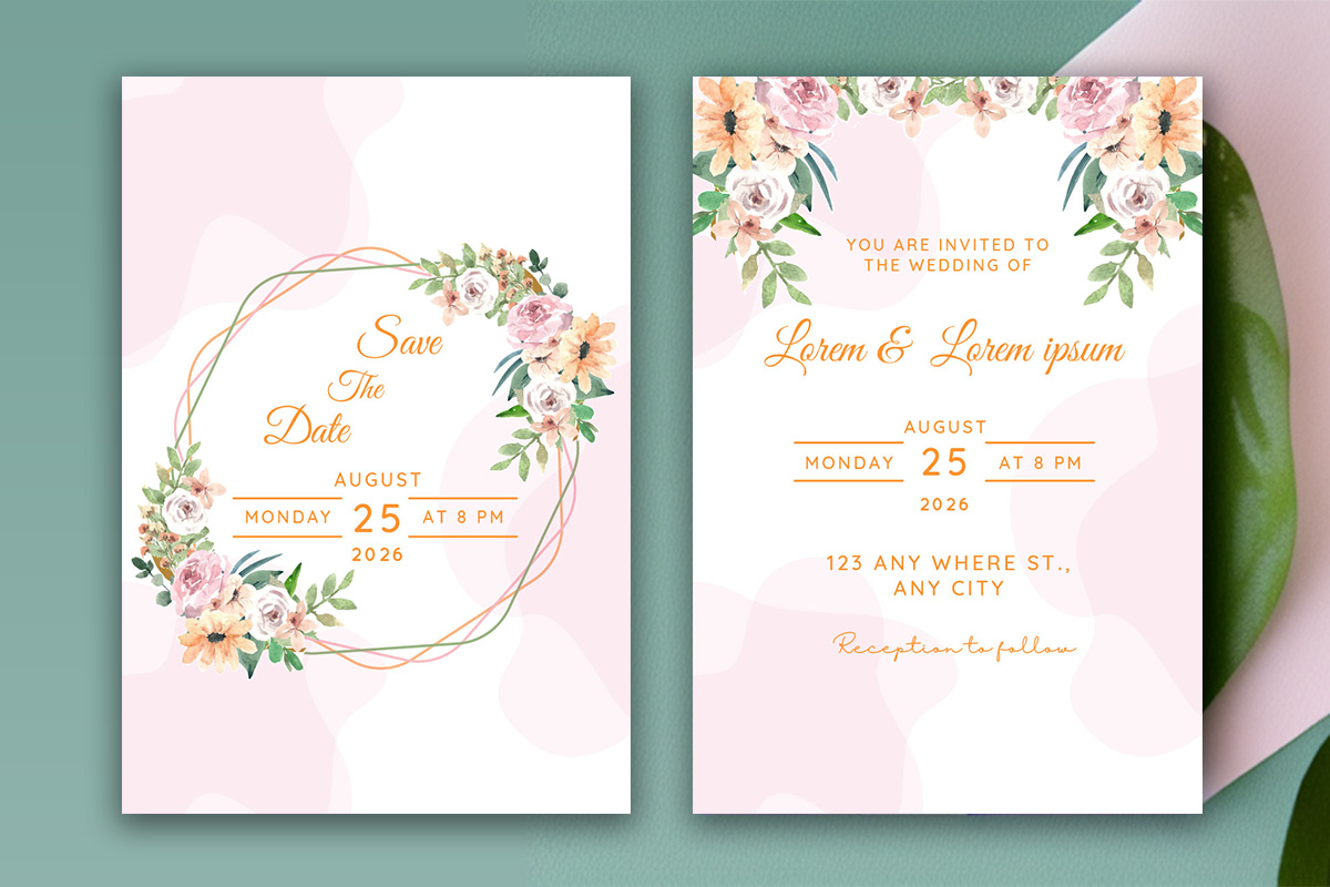 Image with elegant wedding invitation with flowers and leaves.