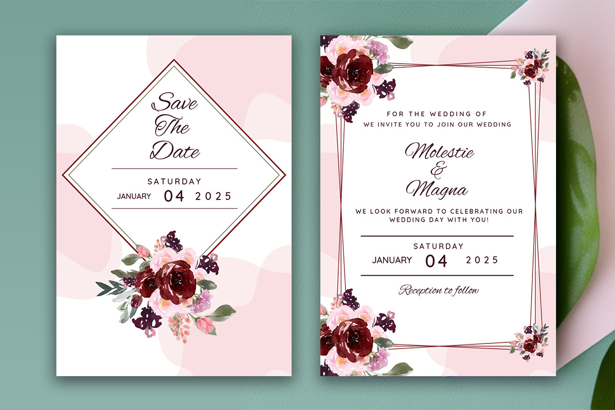 Image of a fabulous wedding invitation in pink colors with flowers.