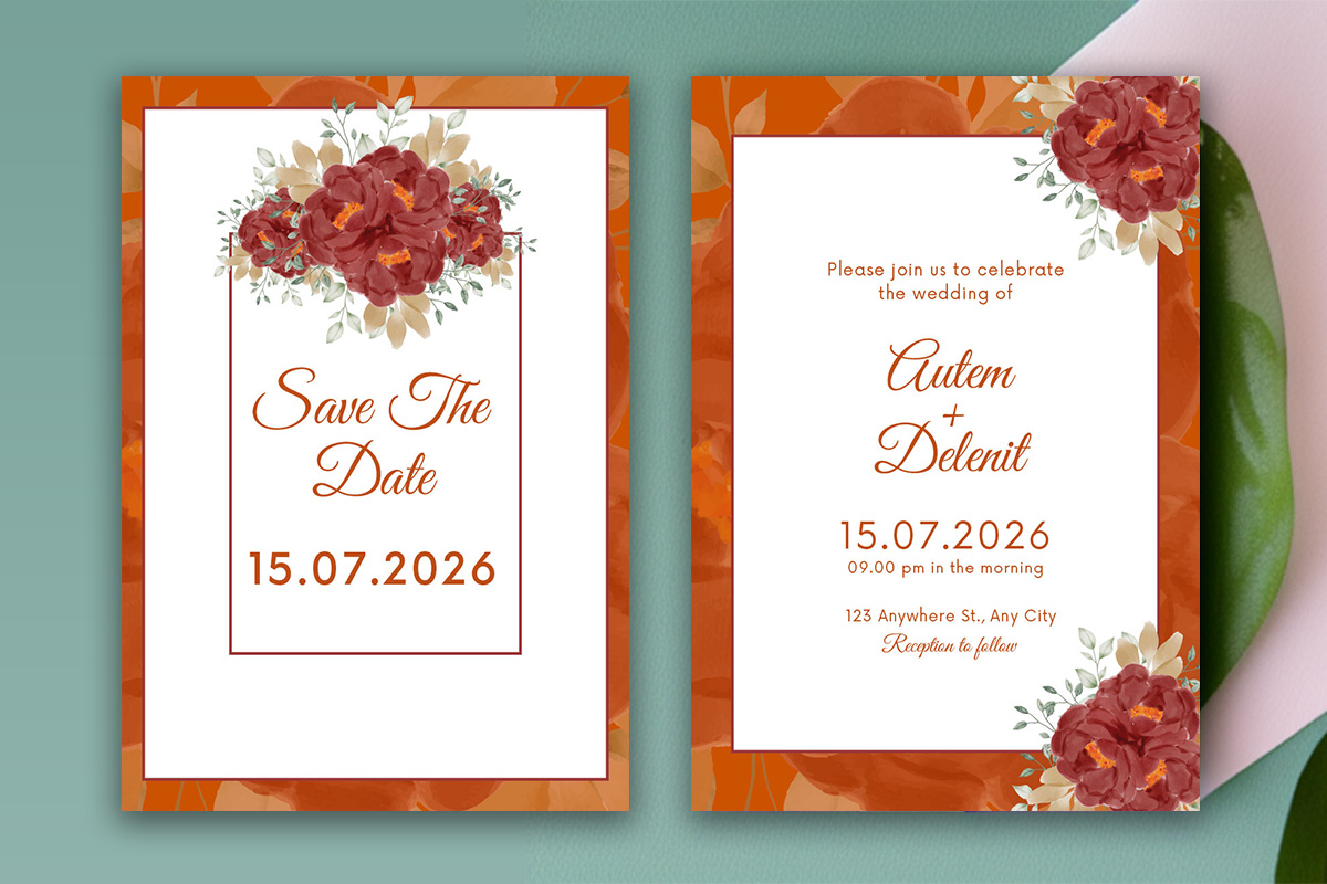 Image of enchanting wedding invitation with flowers.
