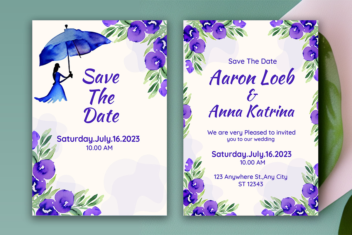 Image with exquisite wedding invitation card with flowers and leaves.