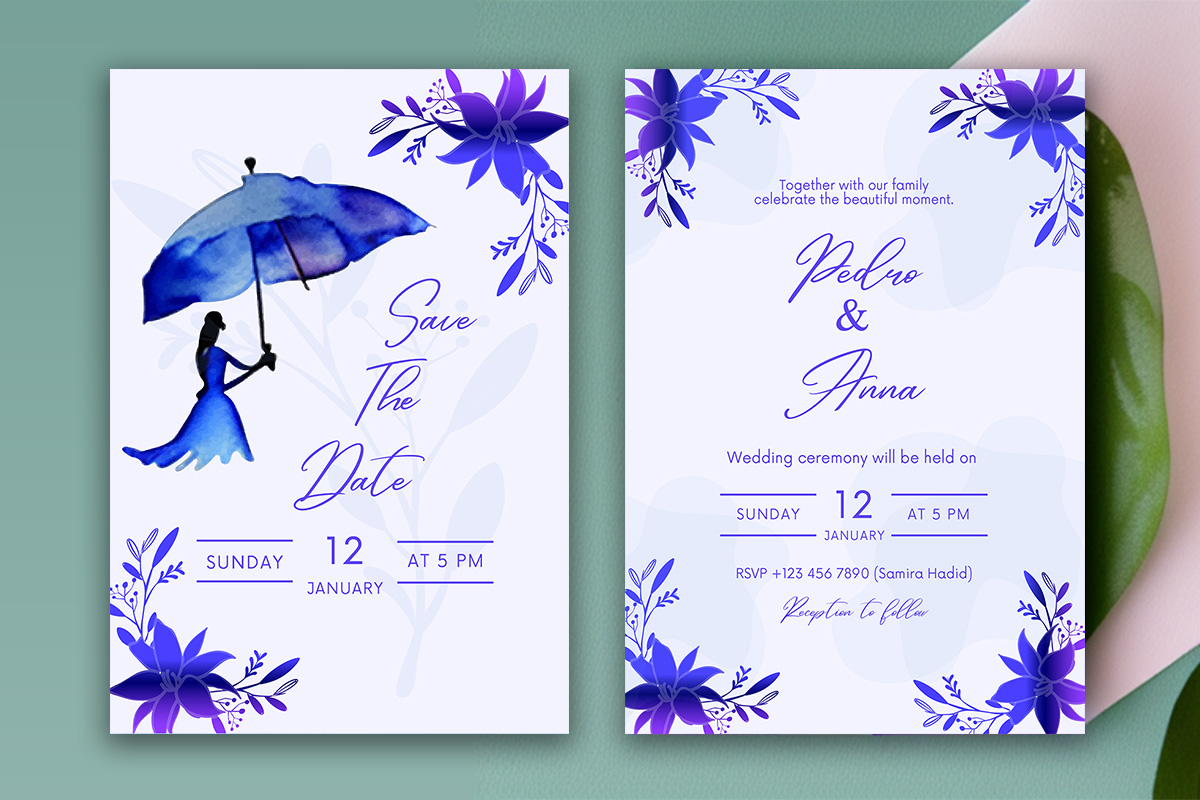 Image with enchanting wedding invitation card with flowers in blue.
