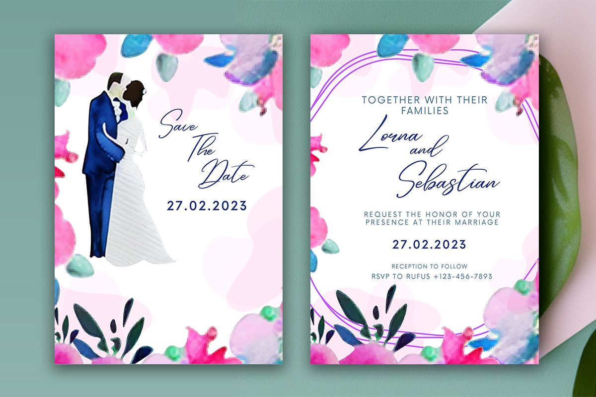 Image with colorful wedding invitation card with floral background.