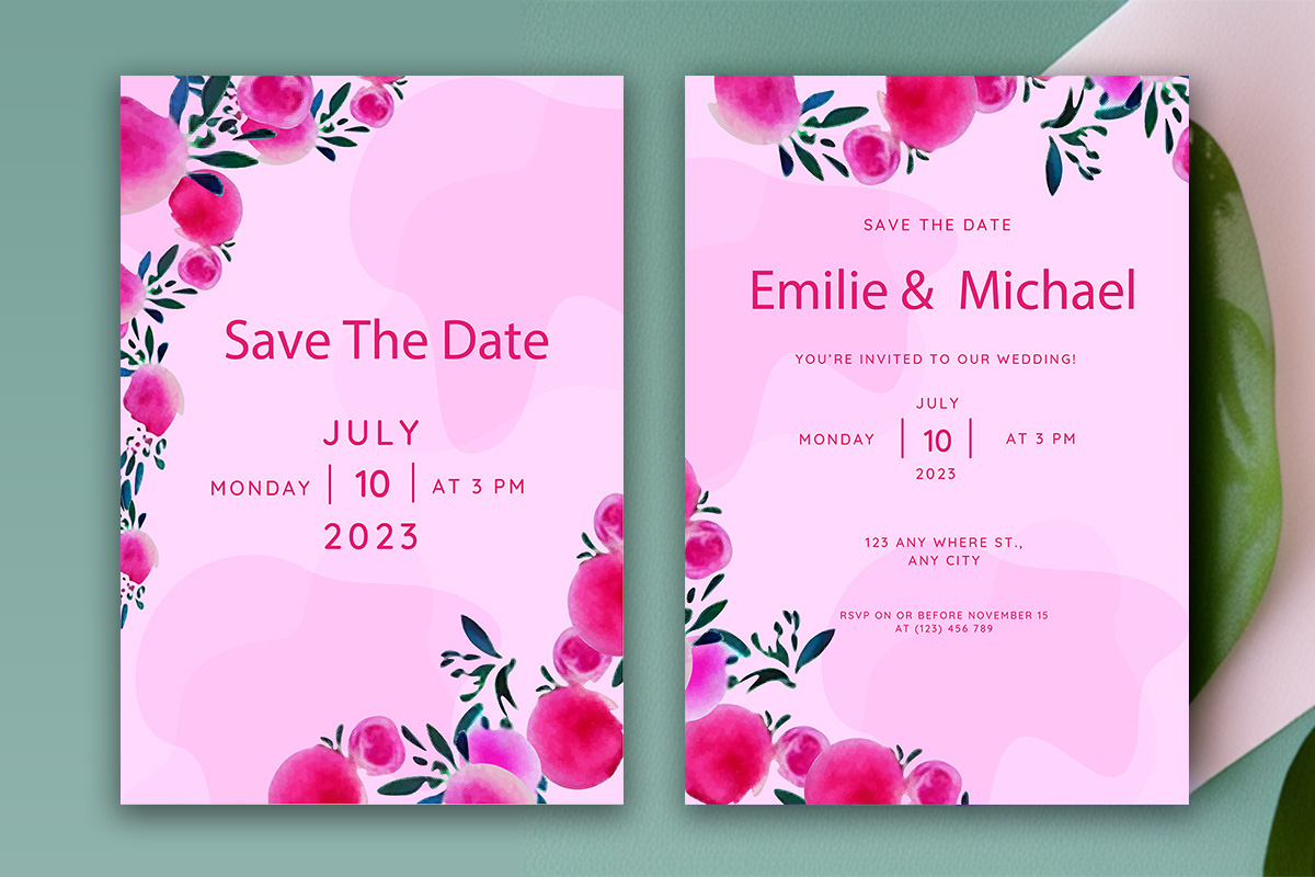Image with charming wedding invitation card with flowers in pink color.