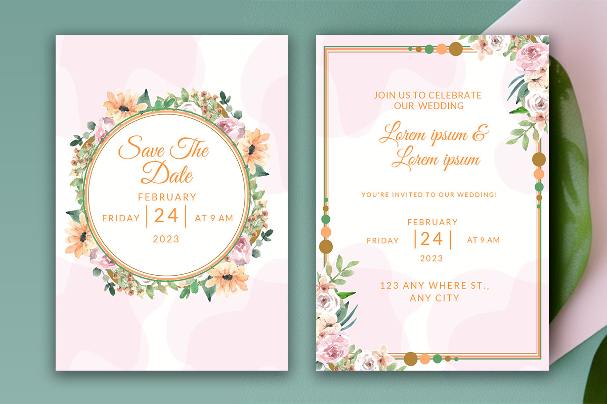Image with elegant wedding invitation with floral decor.