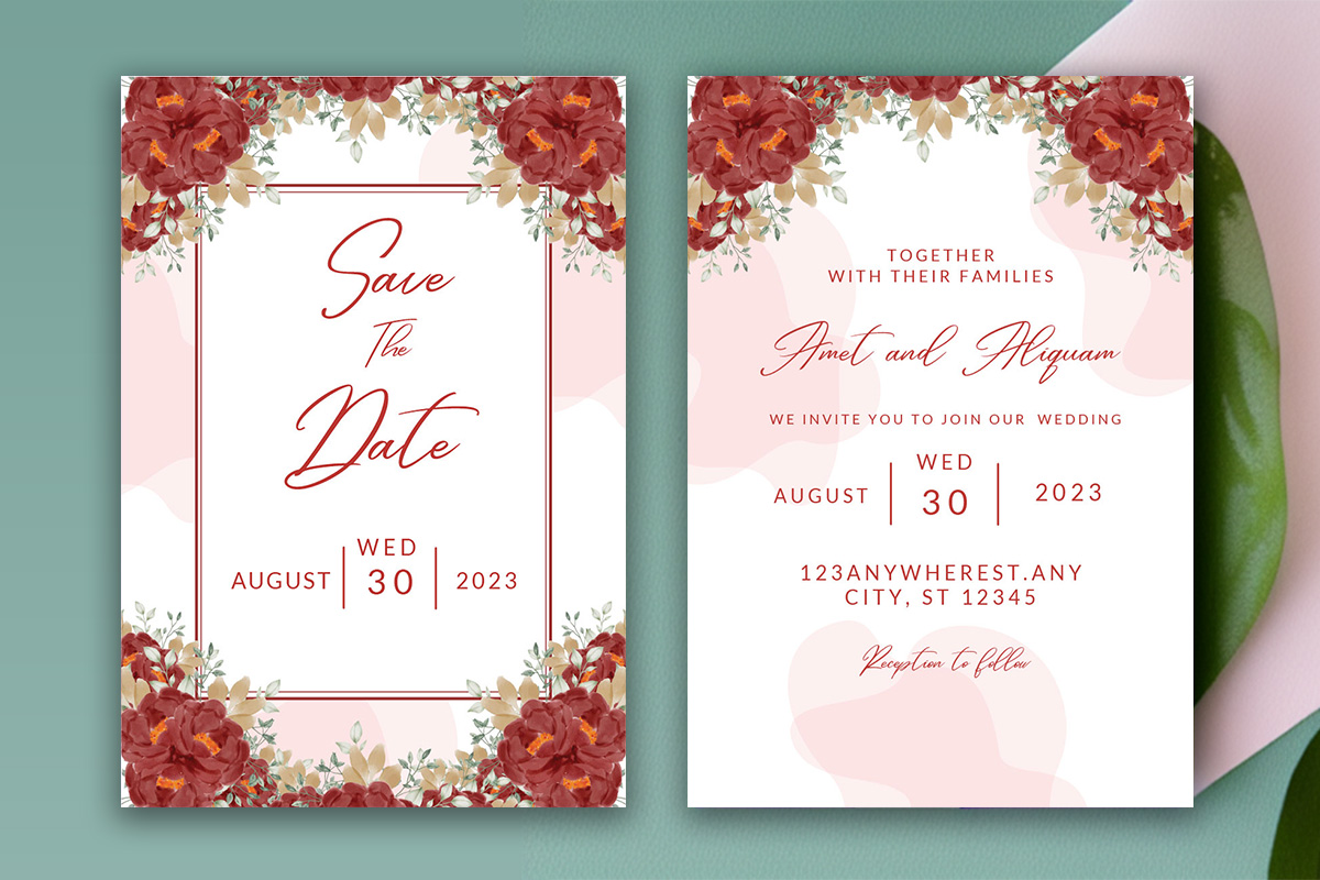 Image of exquisite wedding invitation with flowers.