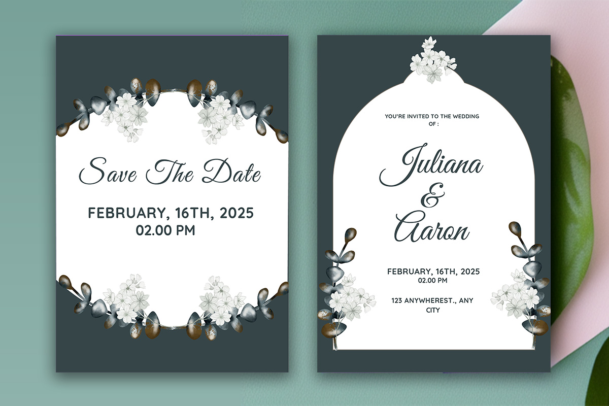 Image with colorful wedding invitation in dark green and flowers.