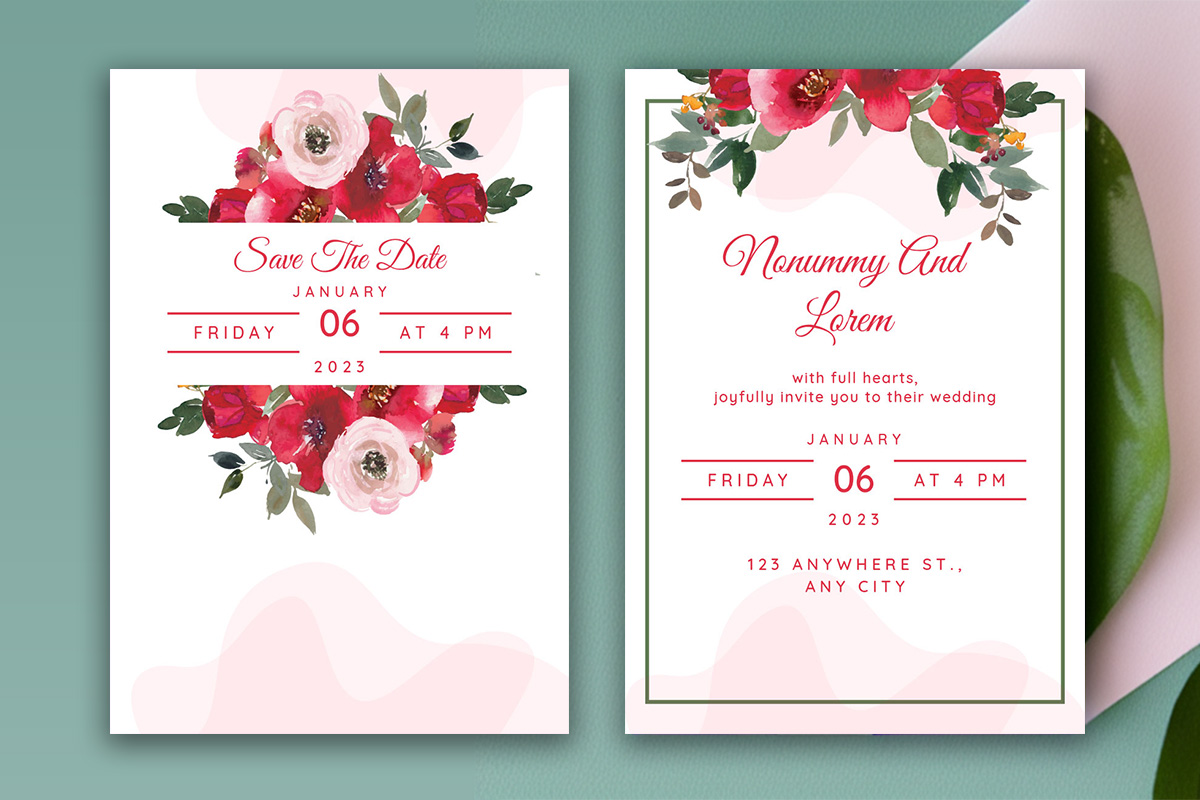 Image of a beautiful wedding invitation with watercolor flowers.
