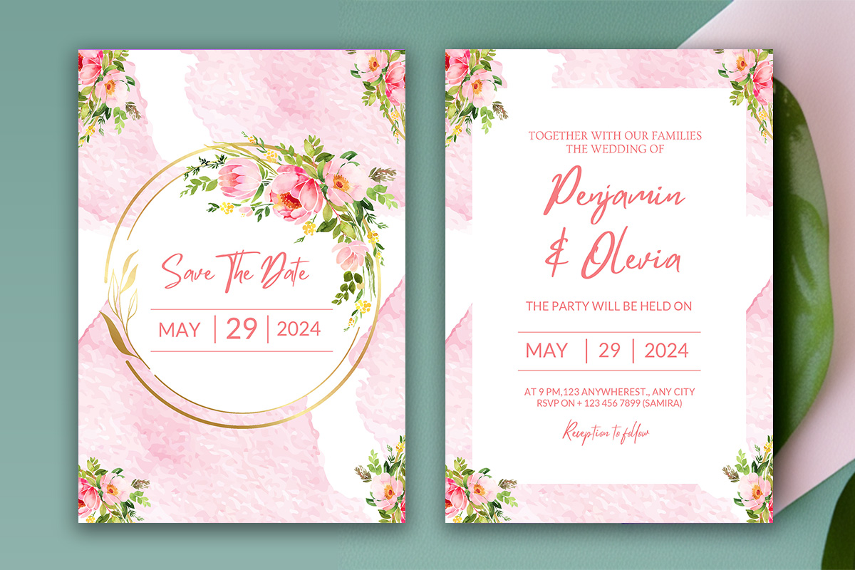 Image with a beautiful wedding invitation in gold and pink colors and with flowers.