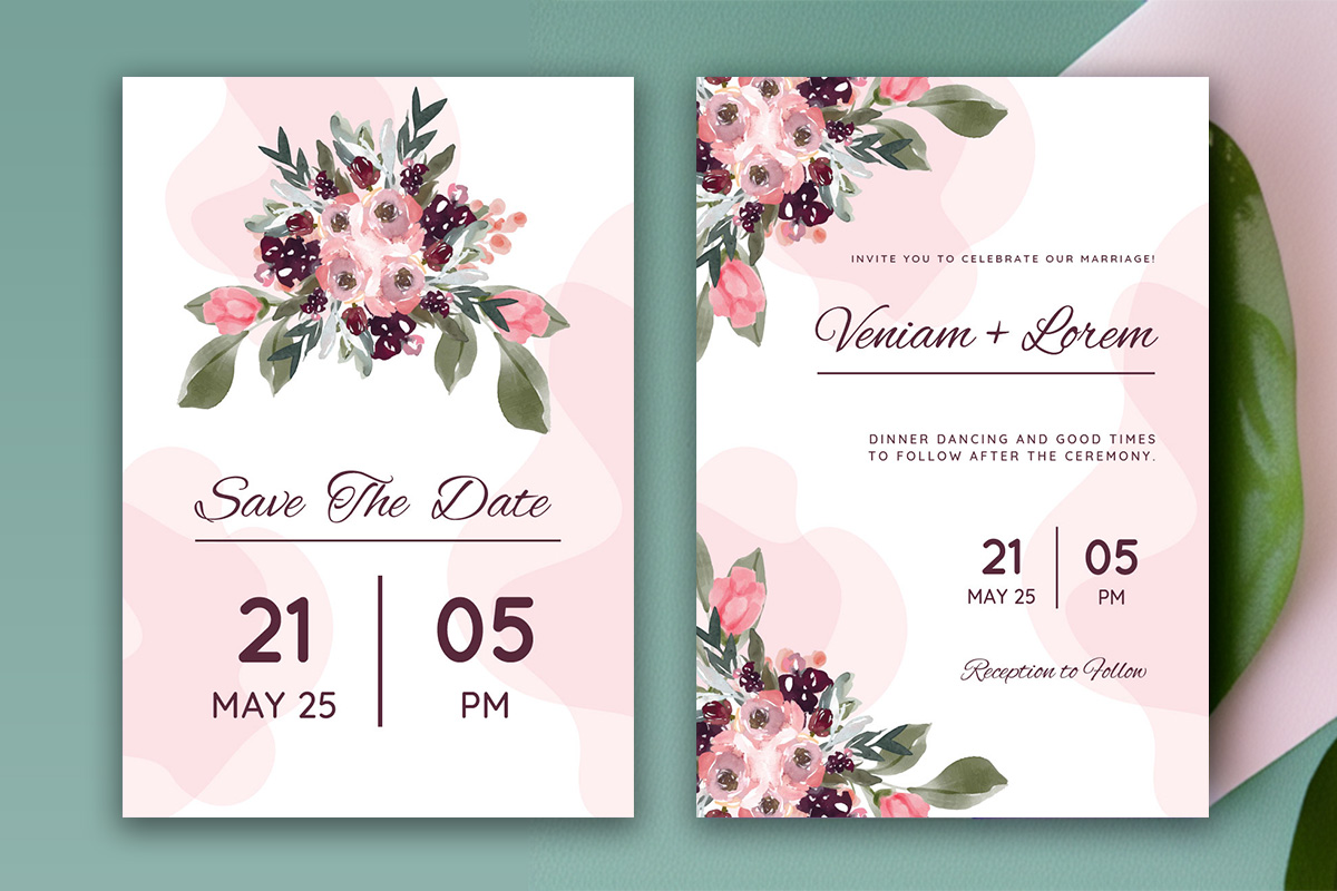 Image of a charming wedding invitation in combination with flowers and leaves.
