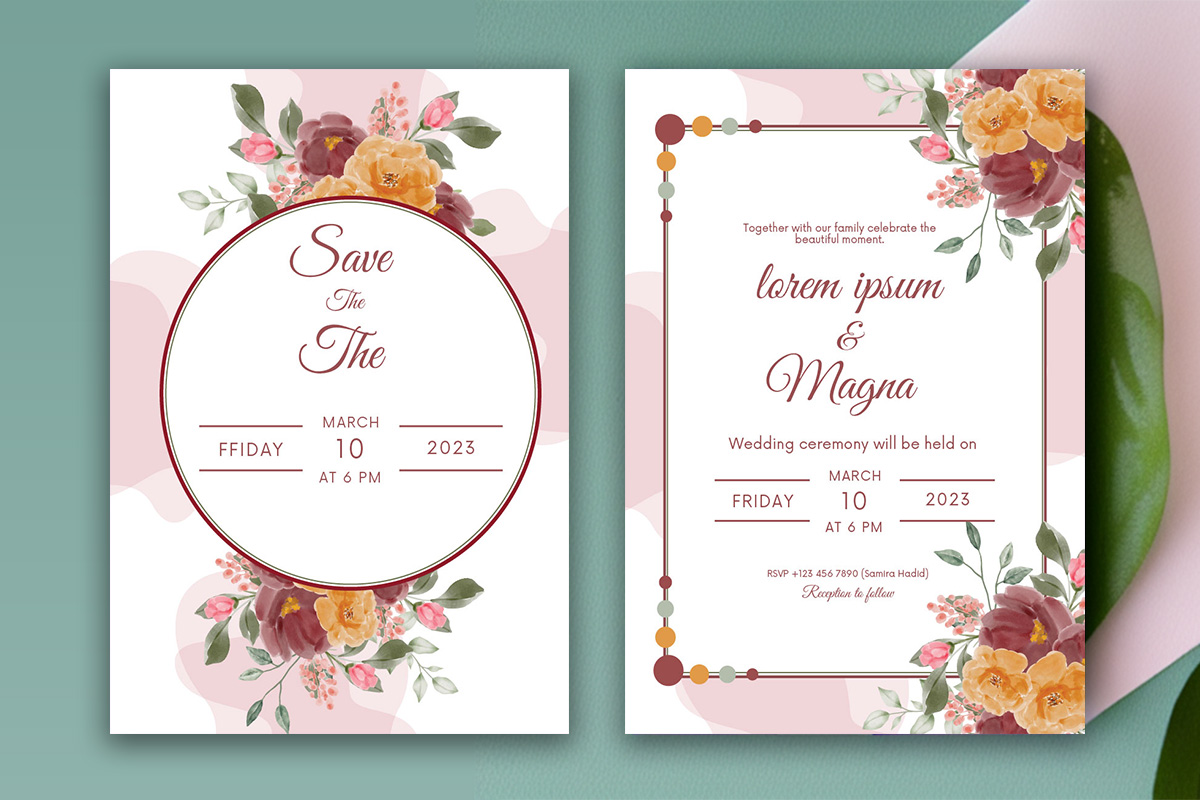 Image with unique wedding invitation with floral design.