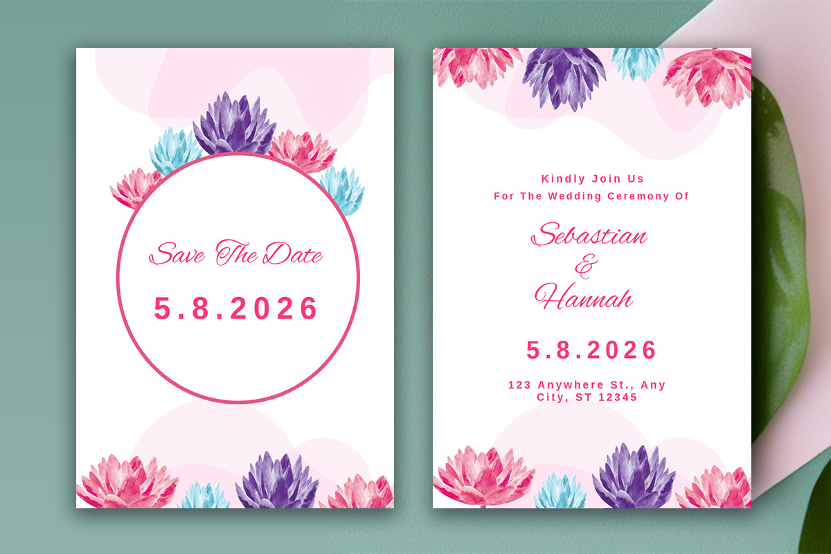Lotuses Floral Wedding Invitation Card Template preview image.