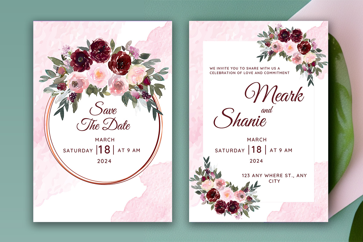 Image with colorful wedding invitation in pink tone and flowers.