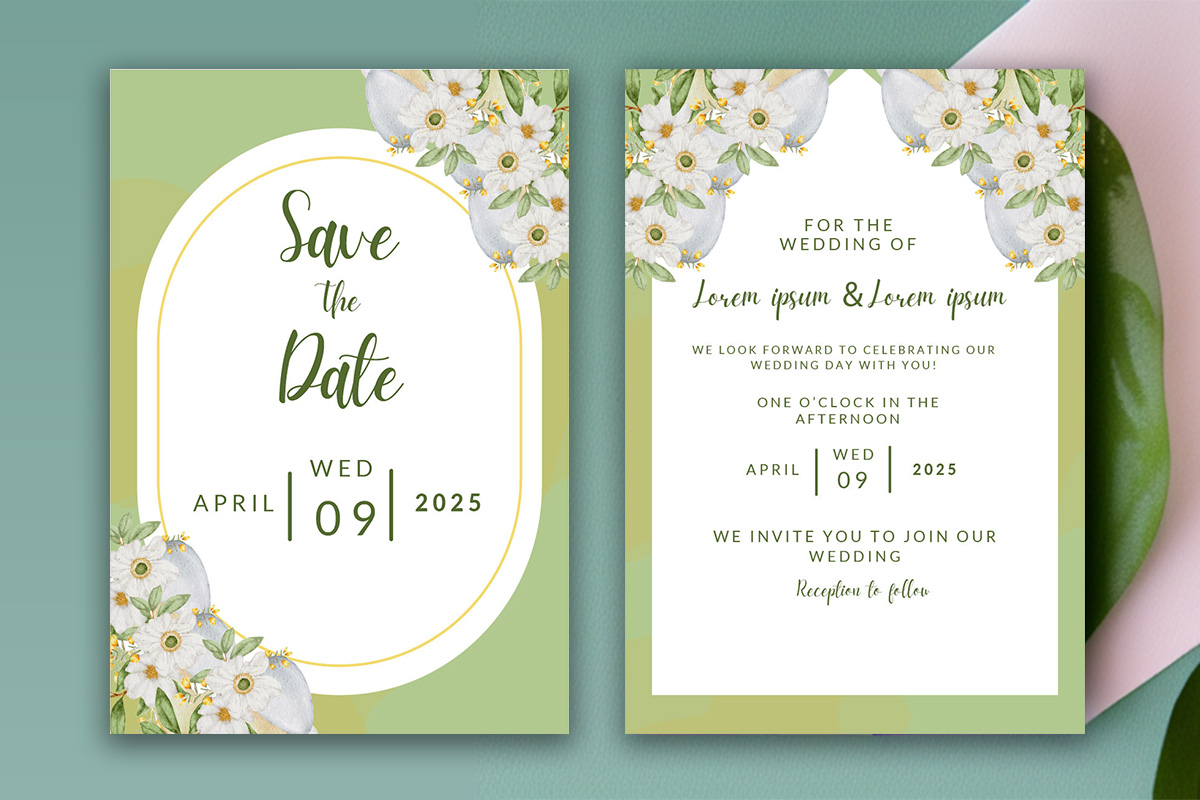 Image with colorful wedding invitation in light green colors with white flower.