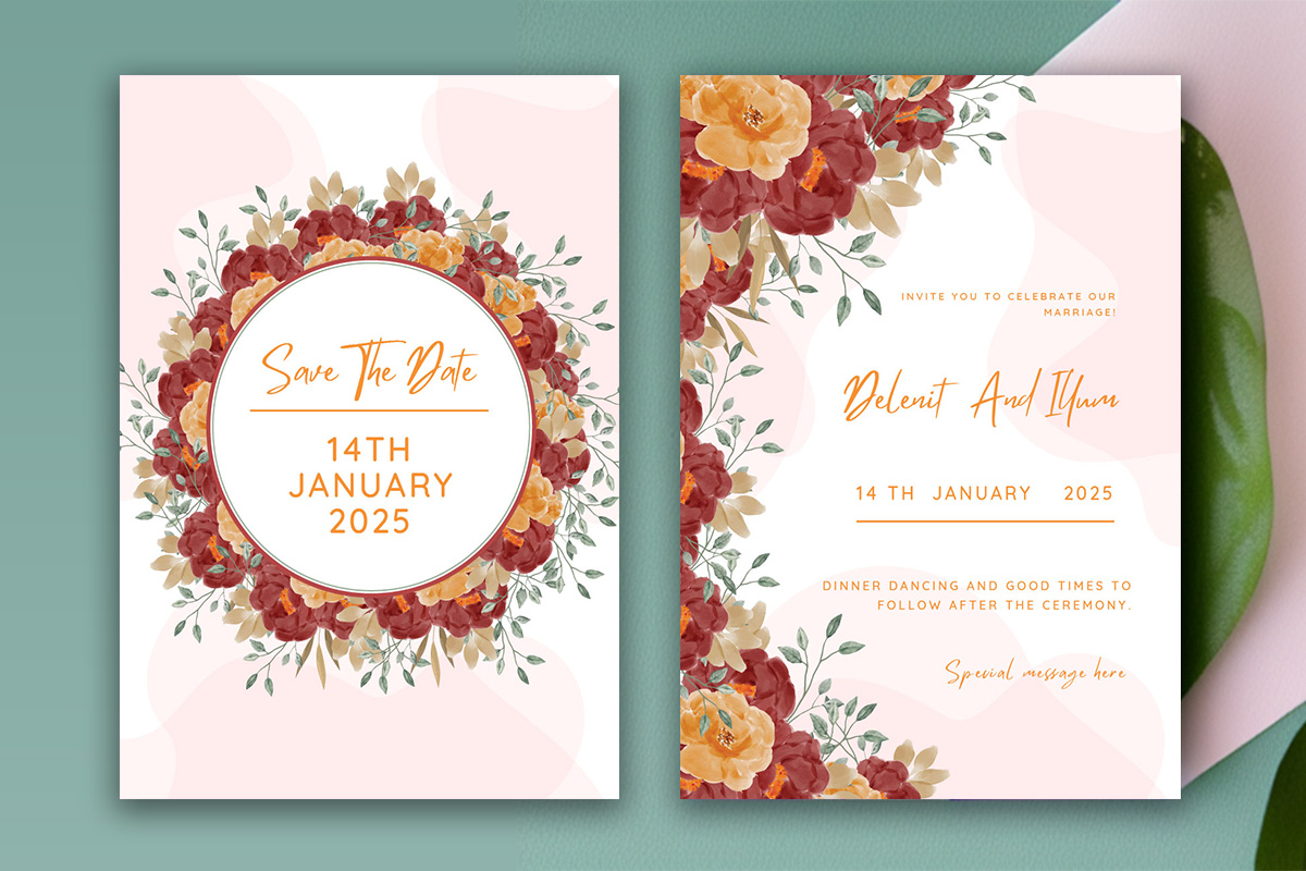 Image of amazing wedding invitation card in pink colors and flowers.