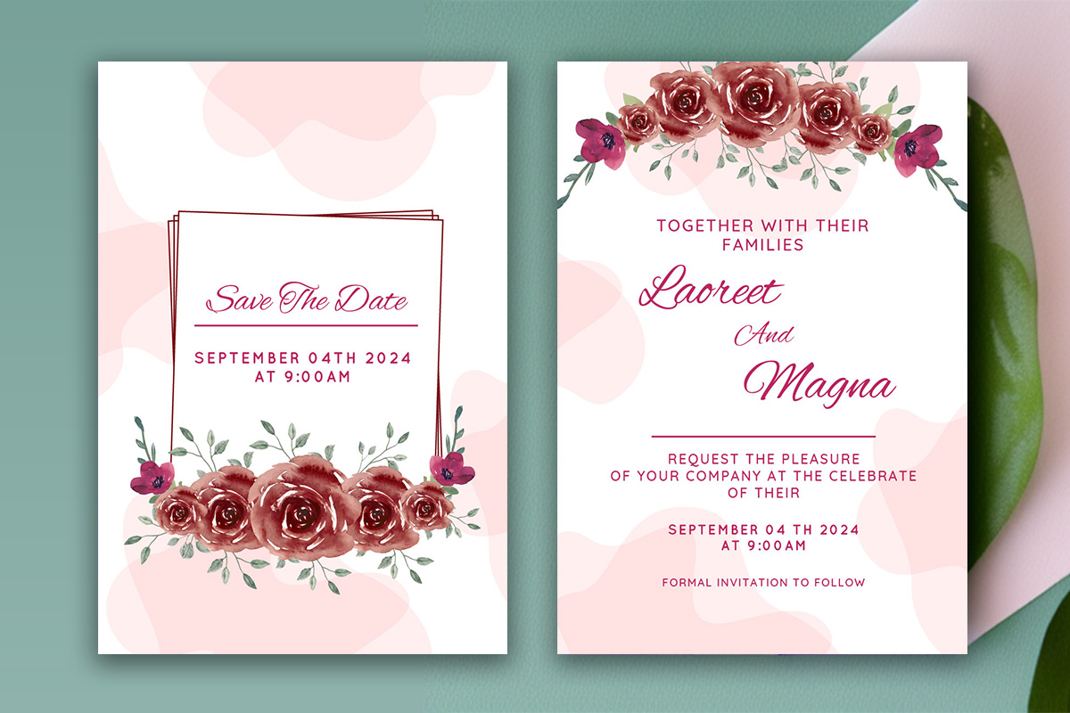 Image of an elegant wedding invitation with brown roses and leaves.