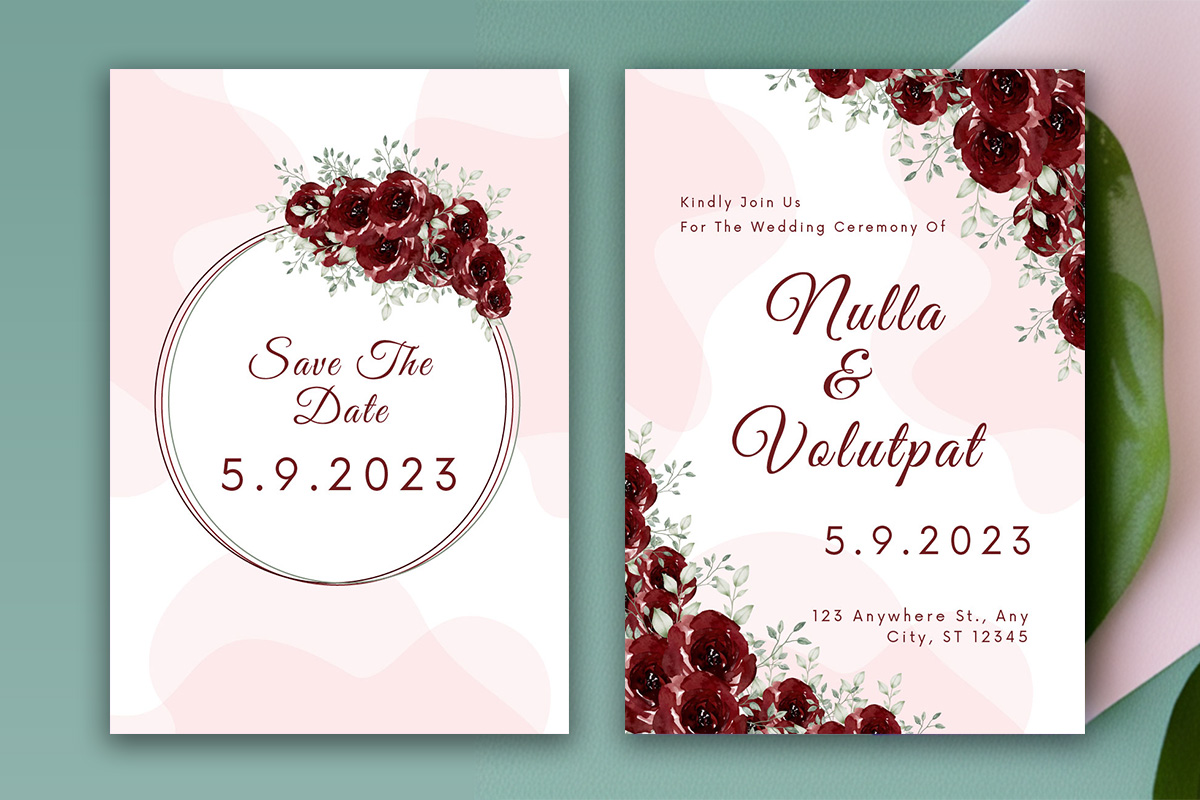 Image of a beautiful wedding invitation in pink colors and flowers.