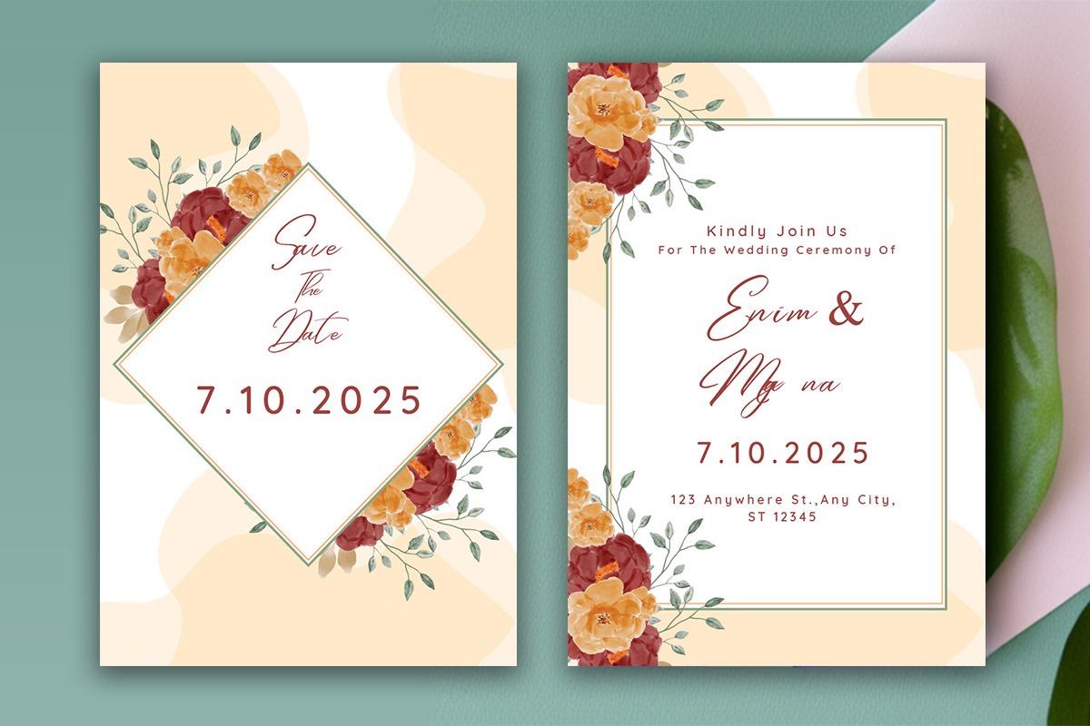 Image of a wonderful wedding invitation in pastel colors with flowers.
