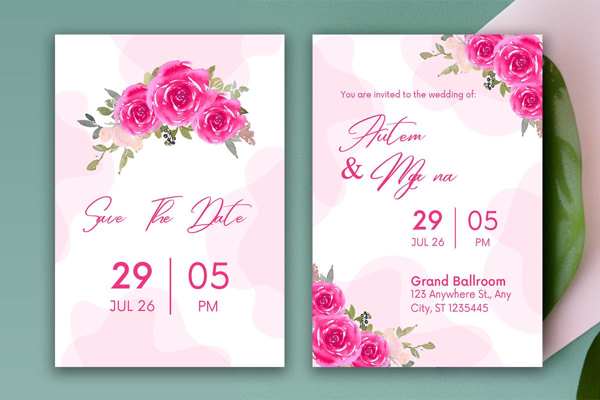 Image of a beautiful wedding invitation with flowers and leaves.