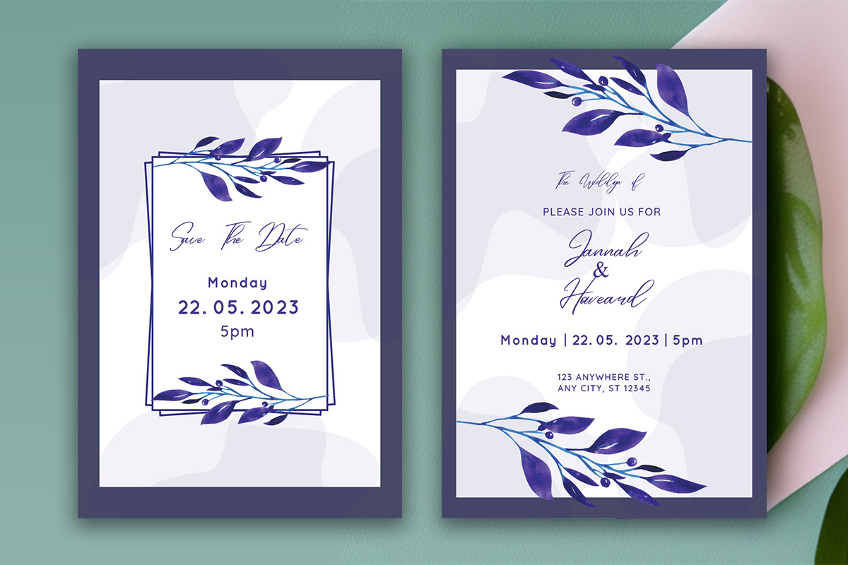 Image with enchanting wedding invitation in blue tones and leaves.