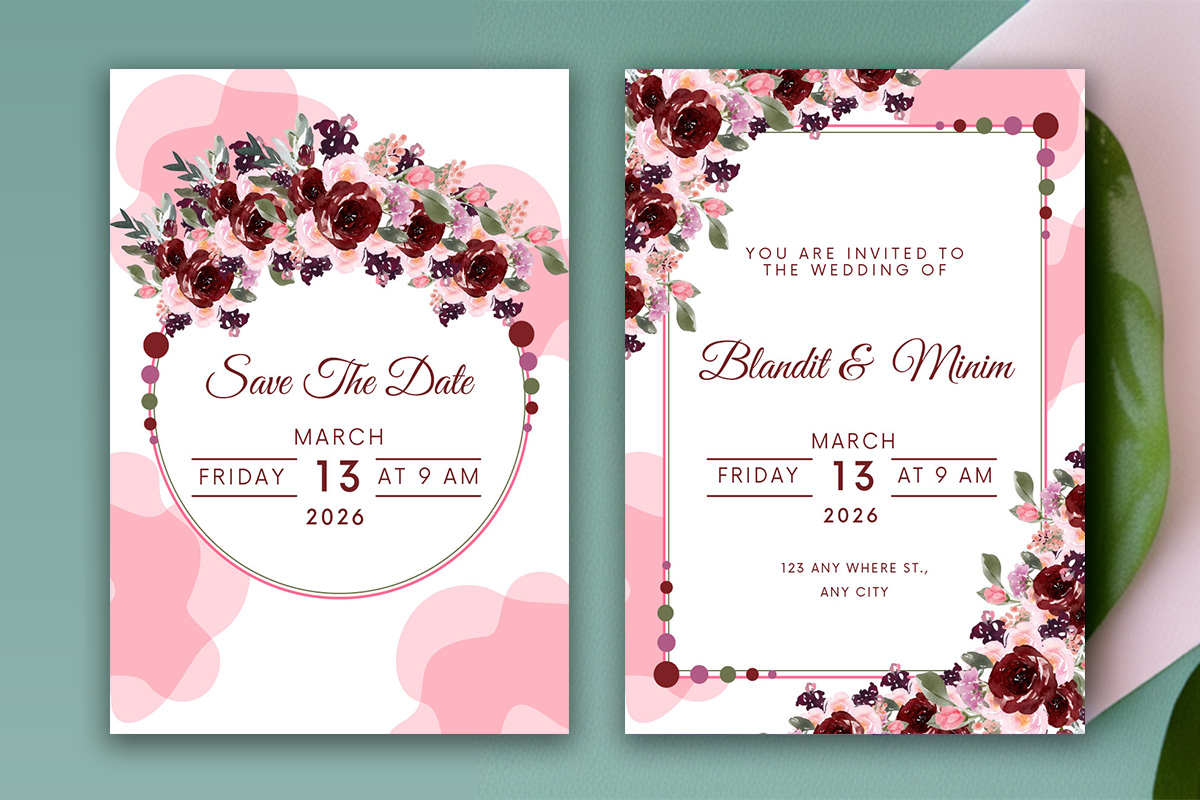Image of a unique pink wedding invitation with flowers.