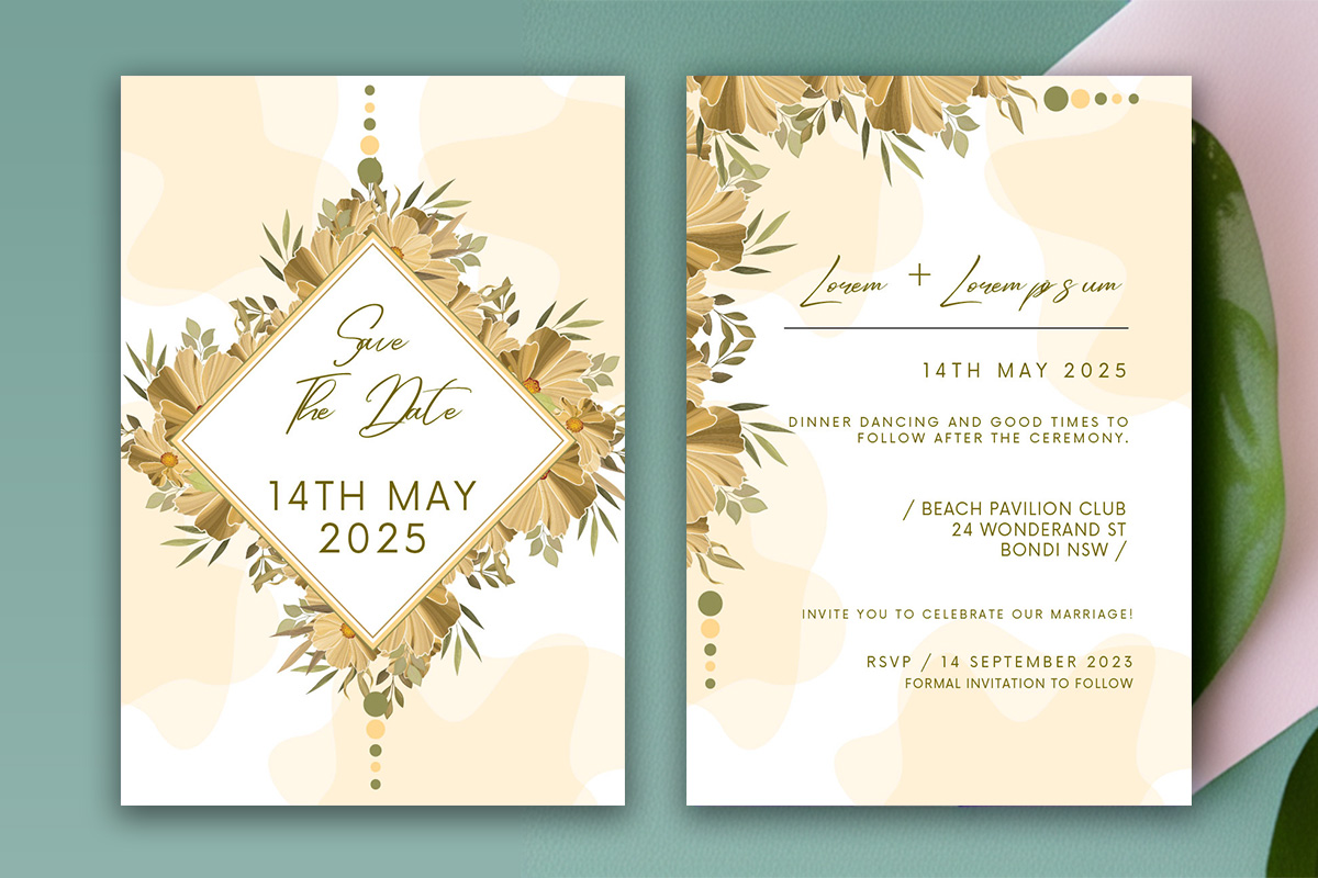 Image with unique wedding invitation in pastel colors and flowers.