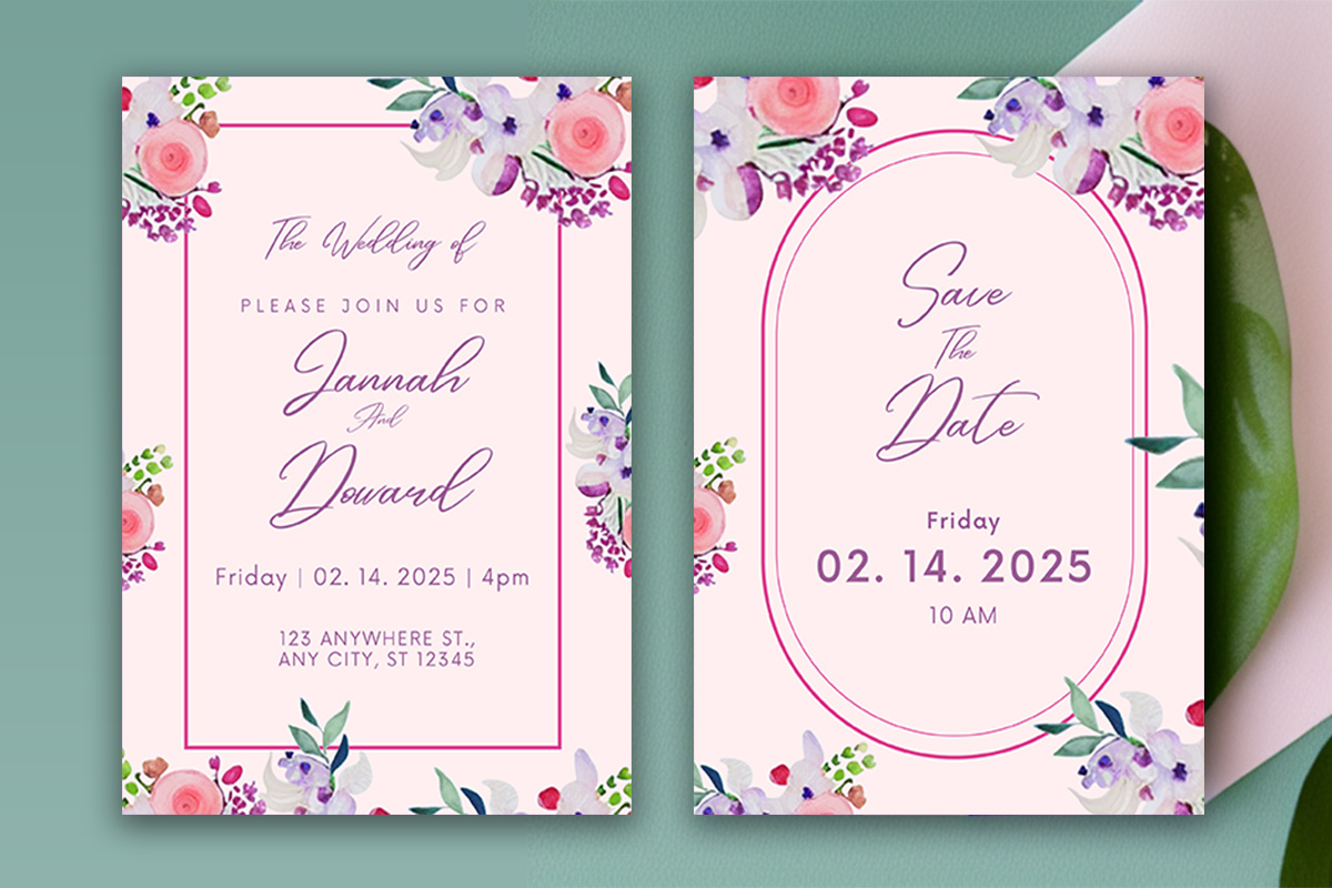 Image with beautiful wedding invitation card with watercolor flowers.
