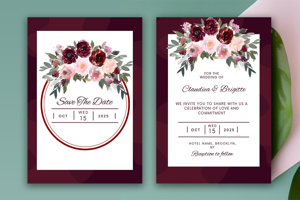 Image with beautiful wedding invitation in burgundy colors.