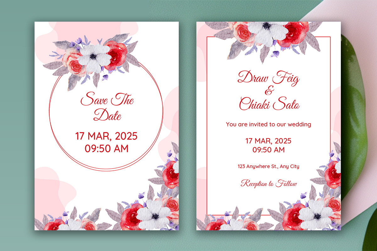 Image with gorgeous wedding invitation in pink colors and flowers.