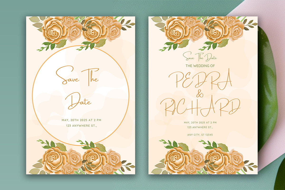 Image with charming wedding invitation card with golden roses and leaves.