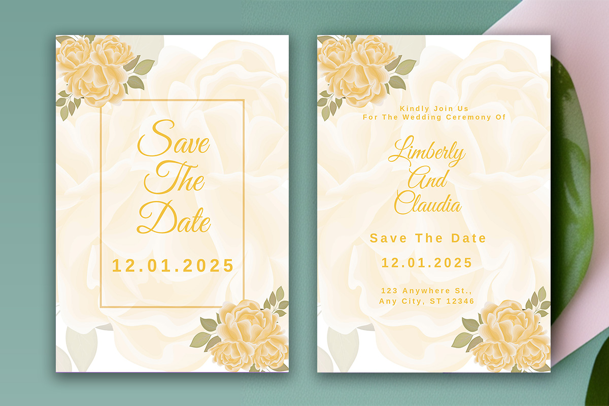 Image with enchanting wedding invitation card in yellow tones and flowers.