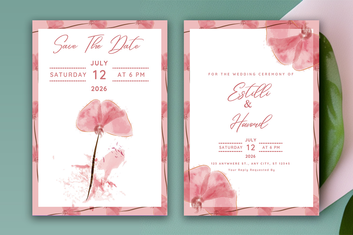 Image with beautiful wedding invitation card in pink tones and flowers.