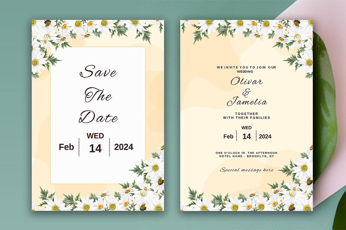 Image with gorgeous wedding invitation card in yellow tones and flowers.