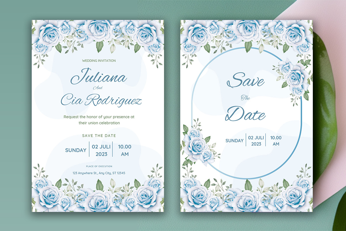 Image with amazing wedding invitation card with watercolor roses.