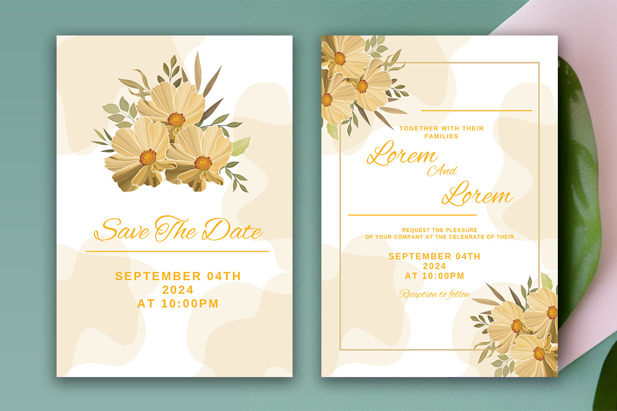 Image with colorful wedding invitation in yellow tones and flowers.