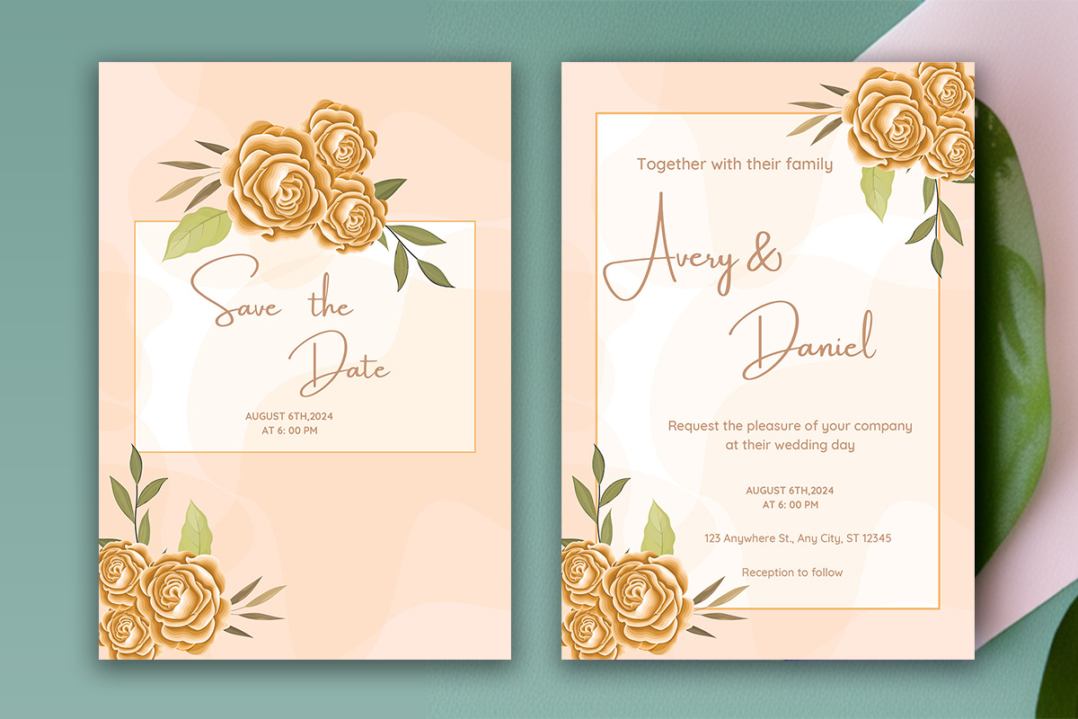 Image with amazing wedding invitation card with golden color roses.