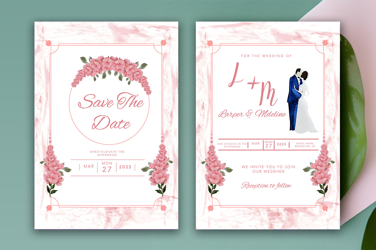 Image with enchanting wedding invitation card in pink tones and flowers.