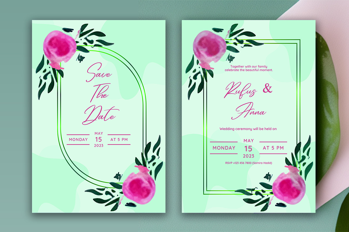 Image with elegant wedding invitation card with watercolor flowers.