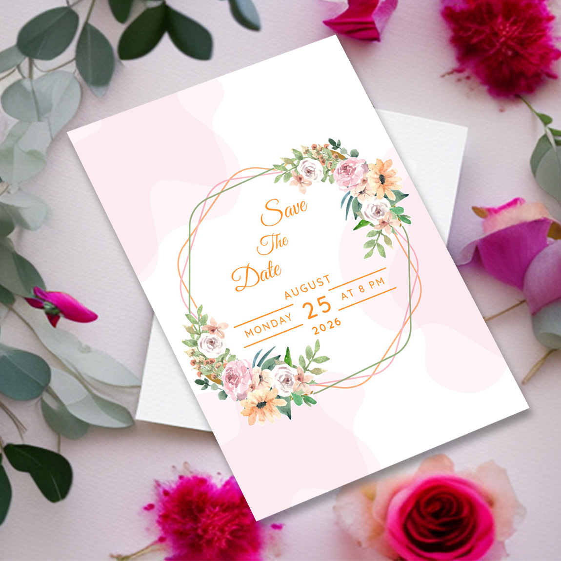 Image with amazing wedding invitation with flowers and leaves.