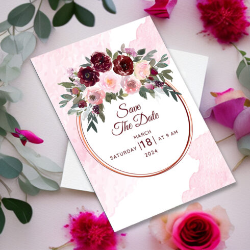 Image with charming wedding invitation in pink tone and flowers.