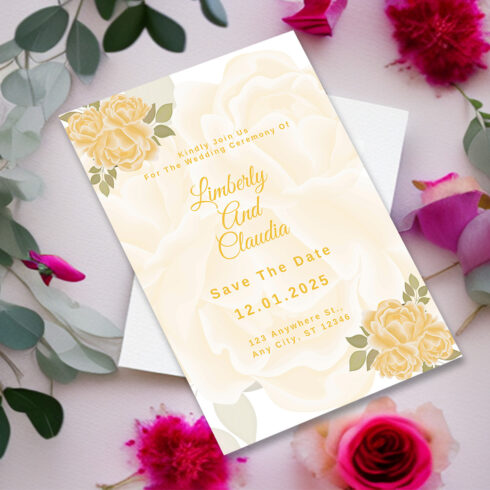 Image with a wonderful wedding invitation card in yellow tones and with flowers.