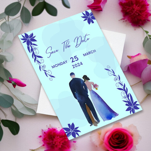 Image with irresistible wedding invitation card with flowers in navy blue colors.