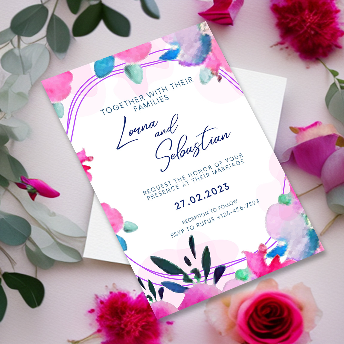 Image with gorgeous wedding invitation card with floral background.