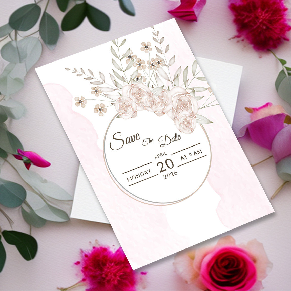 Image with elegant wedding invitation with flowers.