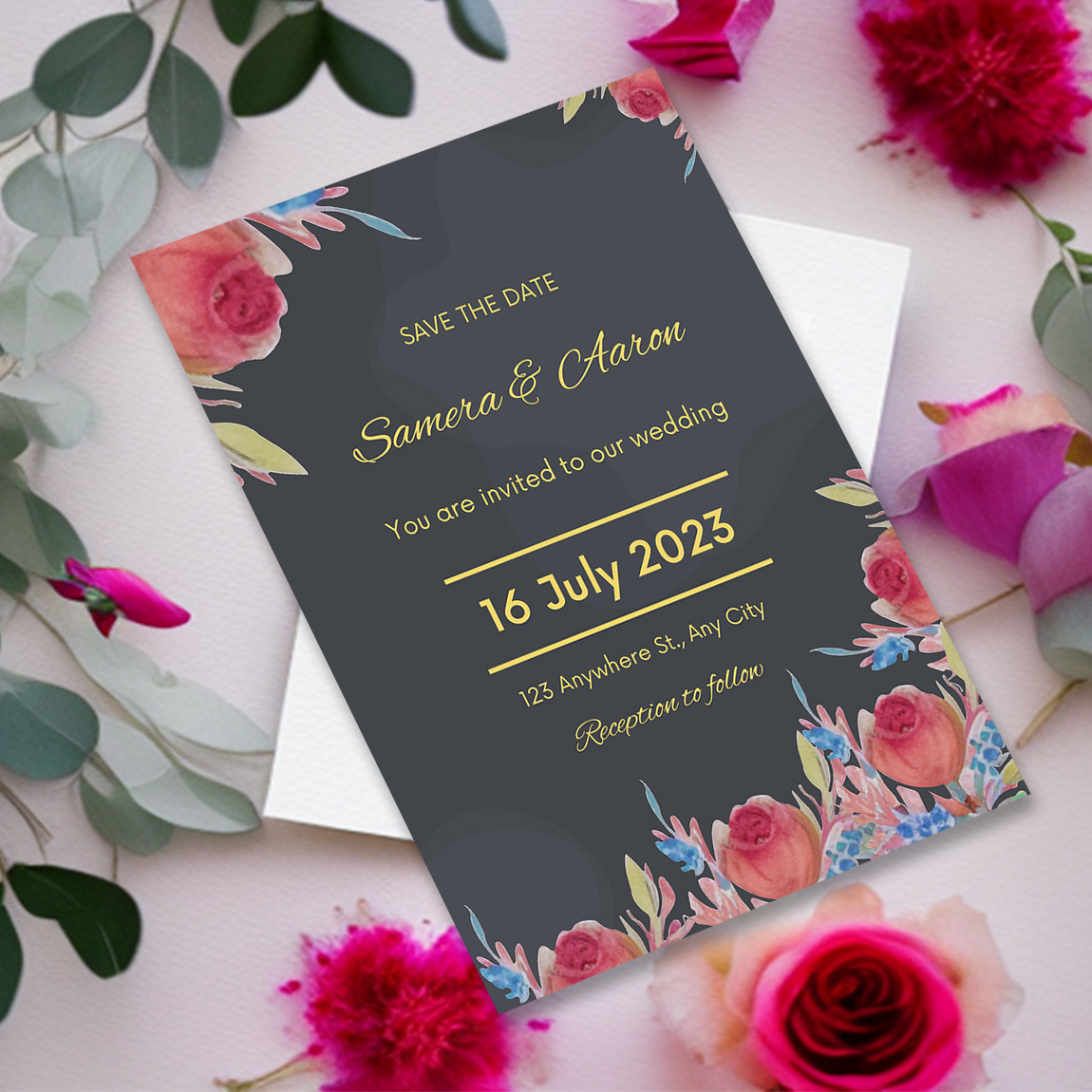 Image with wonderful wedding invitation card with flowers.