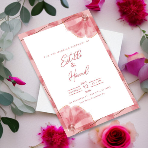 Image with gorgeous wedding invitation card in pink tones and flowers.