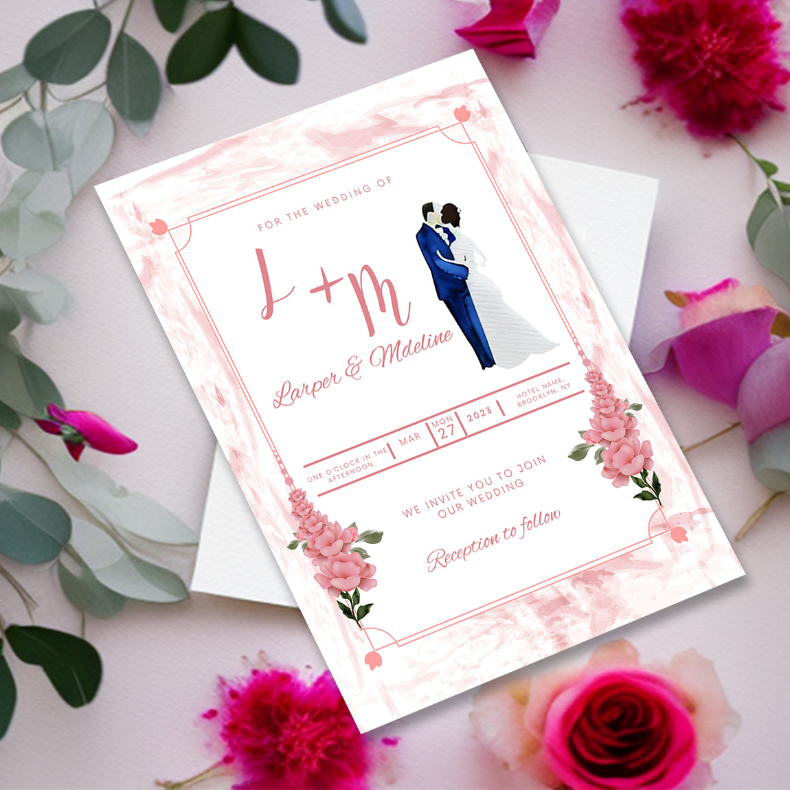 Image with exquisite wedding invitation card in pink tones and flowers.