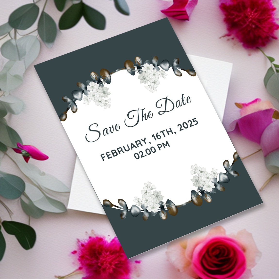 Image with charming wedding invitation card in dark green color and flowers.
