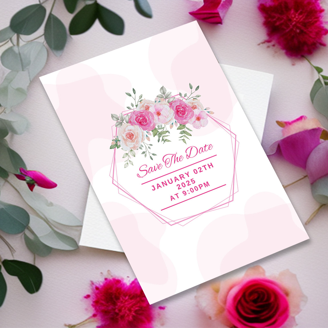 Image with charming wedding invitation in soft pink color.
